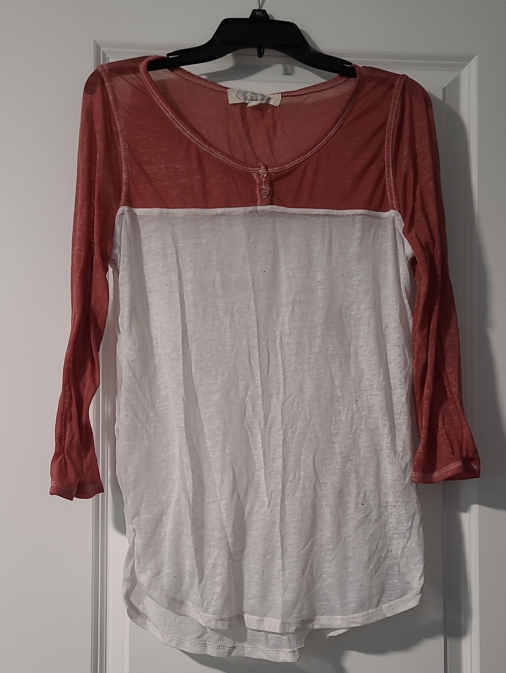 Pink Rose Two-Tone Long Sleeve Henley Top - Rose & White